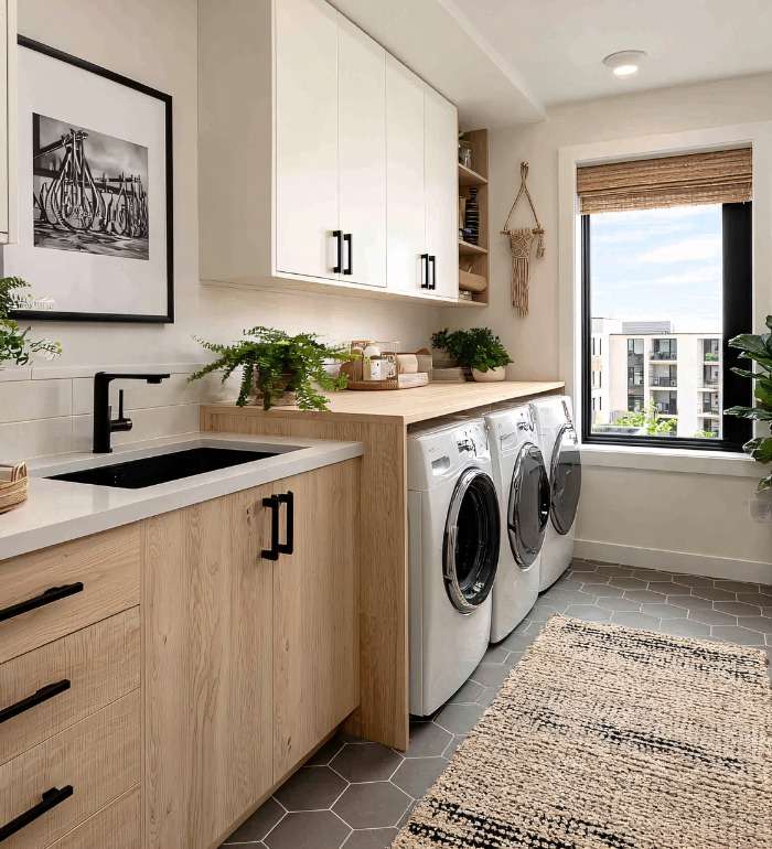 Laundry Renovations service in Western Sydney Laundry with timber-look cabinets, a black sink, front-loading washer and dryer and a window