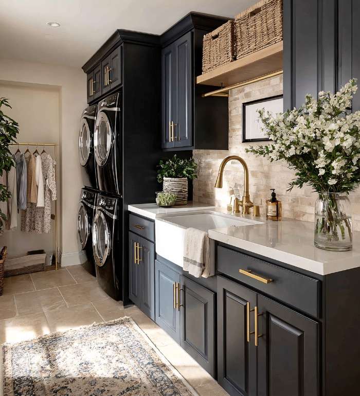 Small Laundry Renovations in Sydney Laundry with navy cabinets, a stacked washer and dryer, farmhouse sink and brass tapware