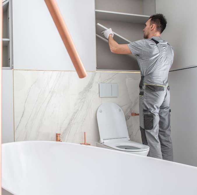 Tradesman fitting shelving in a bathroom with a white bath and wall-hung toilet