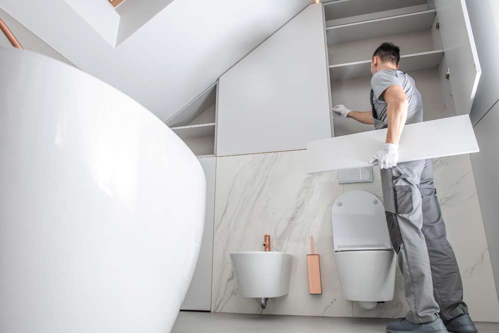 Tradesman carrying a panel past a freestanding bath during a bathroom fit-out